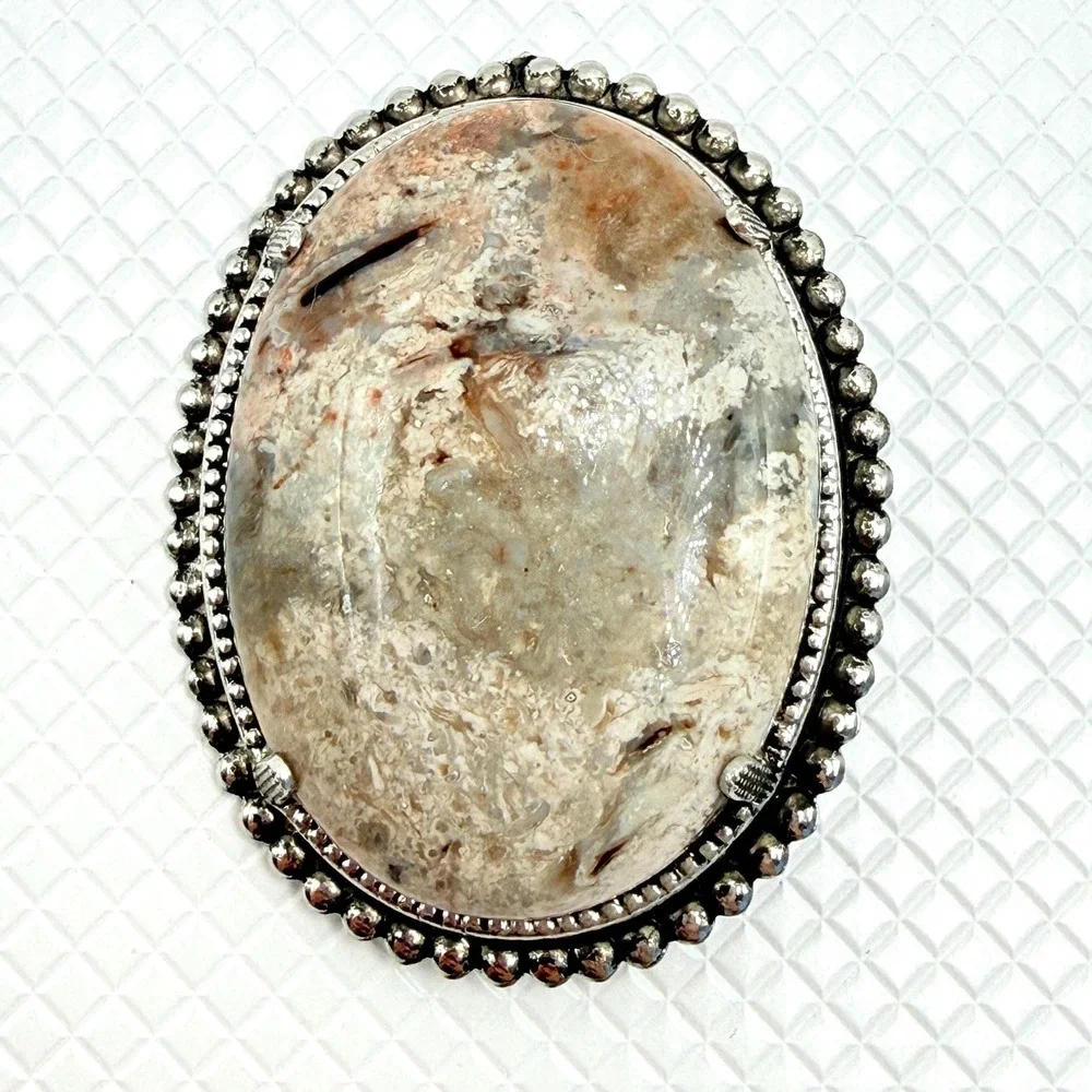 Vintage Agate Brown Stone Oval Brooch w/ Silver Tone Border